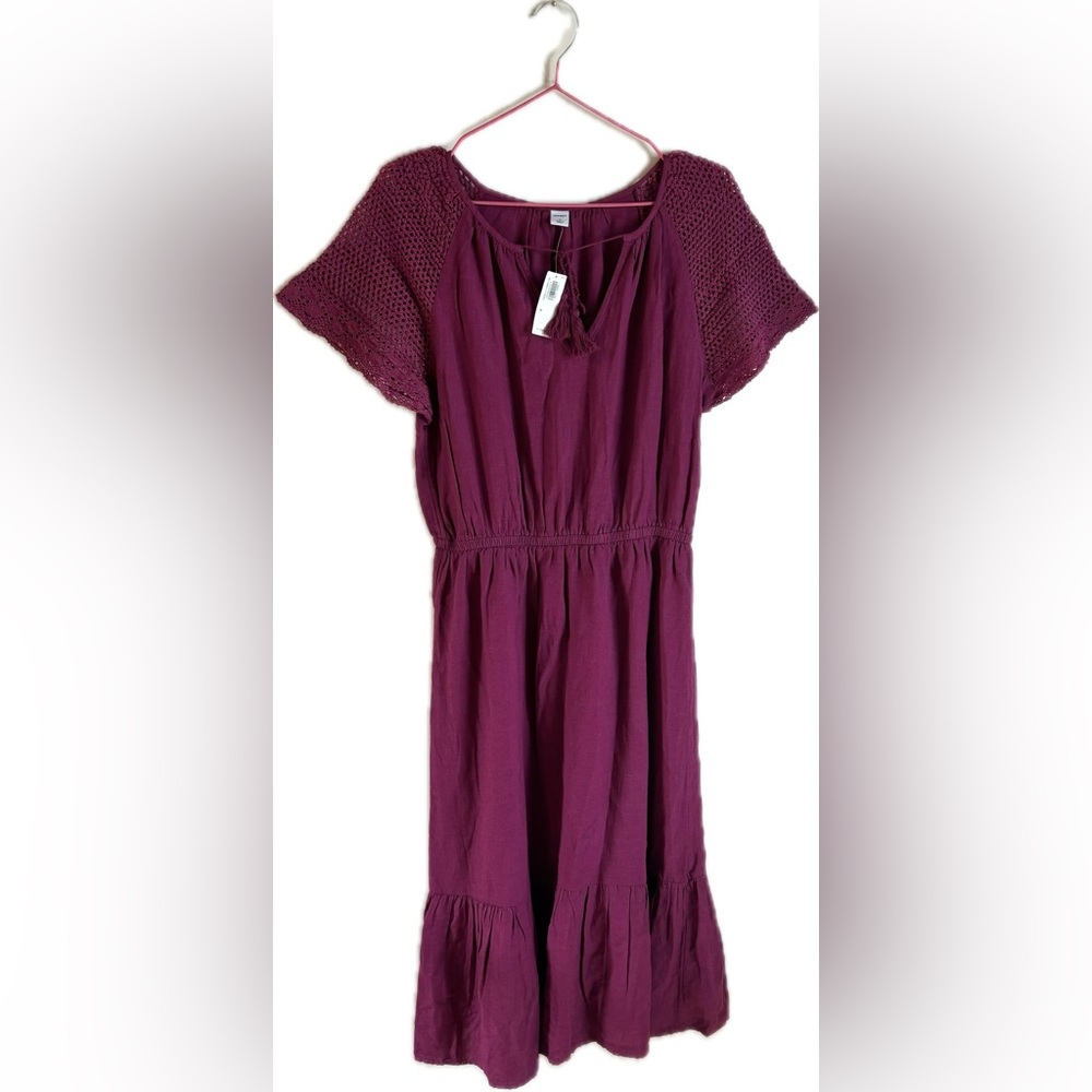 OLD NAVY Linen Blend Fuchsia Pink Dress Crochet Sleeves